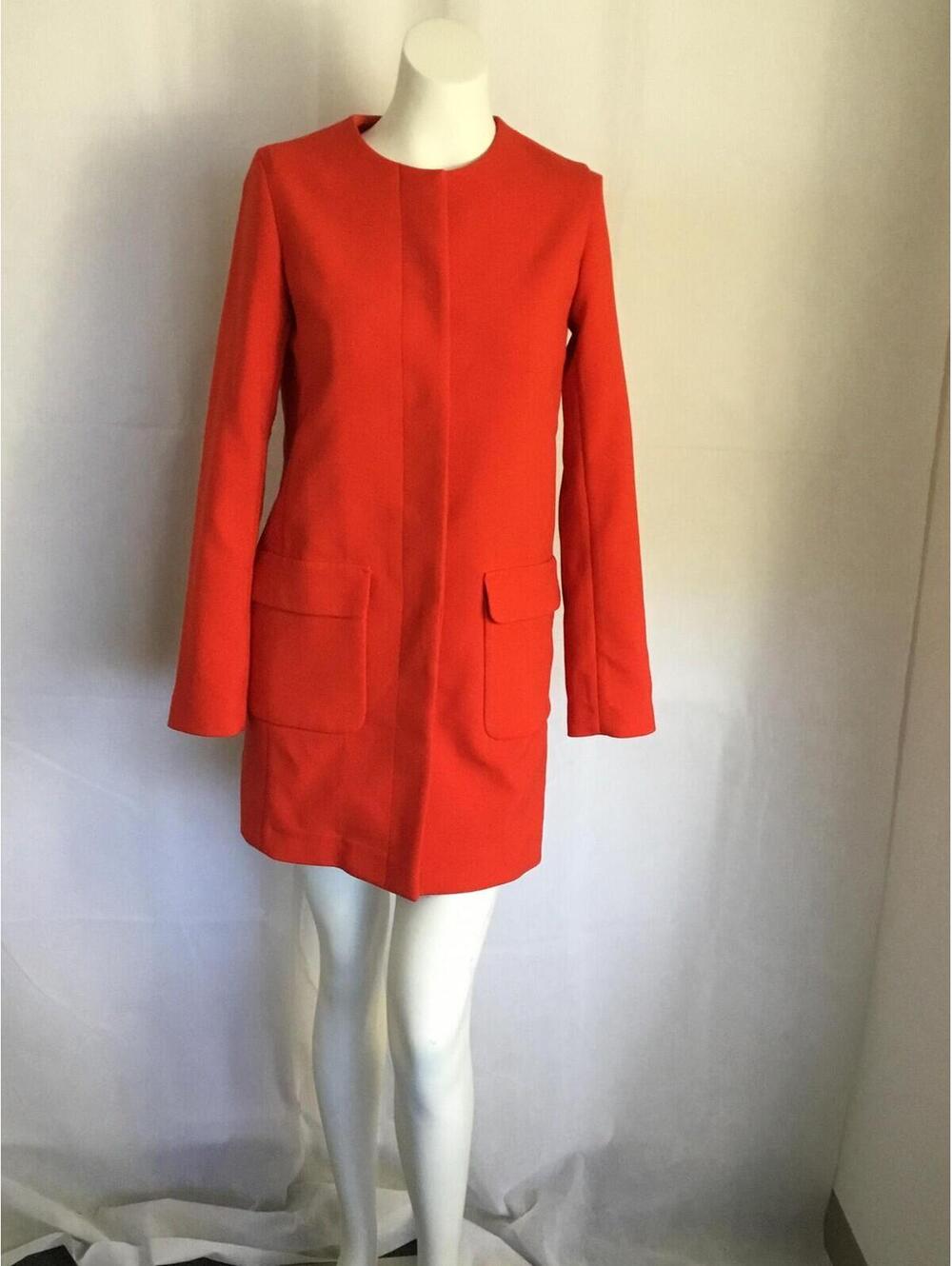 [397]Coat Womens S Orange Crepe Collarless Zip Front Pockets Mid Length Work